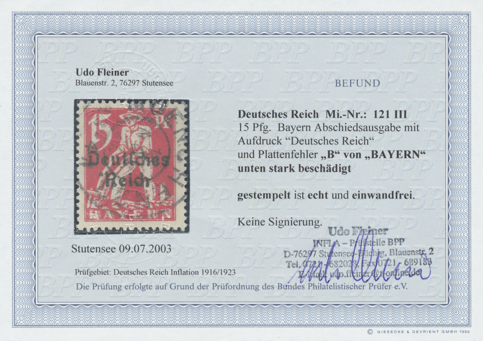 O Deutsches Reich - Inflation: 1920, 15 Pf. Abschiedsserie Mit Plattenfehler III "´B´ Von ´Bayern´ Unt - Brieven En Documenten