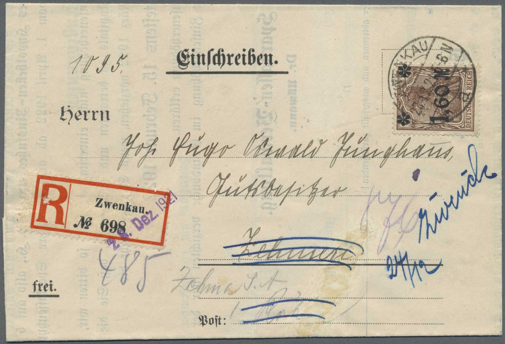Br Deutsches Reich - Inflation: 1921, 1,60 M. Auf 5 Pfg. Dunkelbraun Mit Stumpfschwarzem Aufdruck Als P - Brieven En Documenten