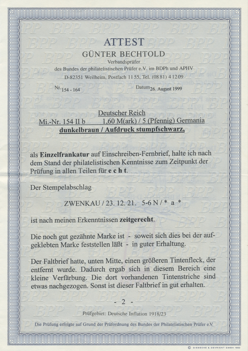 Br Deutsches Reich - Inflation: 1921, 1,60 M. Auf 5 Pfg. Dunkelbraun Mit Stumpfschwarzem Aufdruck Als P - Lettres & Documents