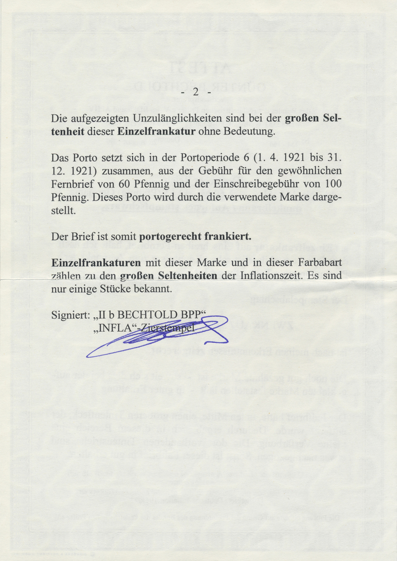 Br Deutsches Reich - Inflation: 1921, 1,60 M. Auf 5 Pfg. Dunkelbraun Mit Stumpfschwarzem Aufdruck Als P - Lettres & Documents