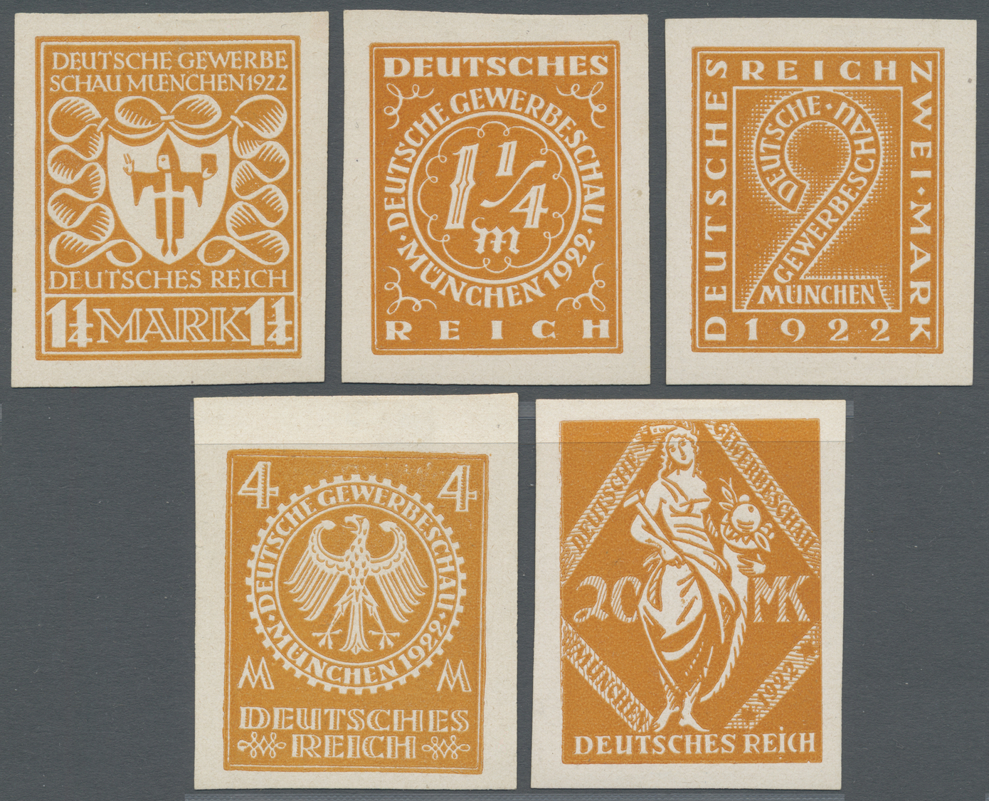 (*) Deutsches Reich - Inflation: 1922, GEWERBESCHAU MÜNCHEN, 5 Verschiedene Essays In Gelbbrauner Farbe - Lettres & Documents