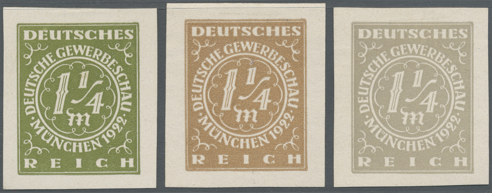 (*) Deutsches Reich - Inflation: 1922, "Deutsche Gewerbeschau München" 3 ESSAYS 1 1/4 Mark Ziffern In Ve - Brieven En Documenten