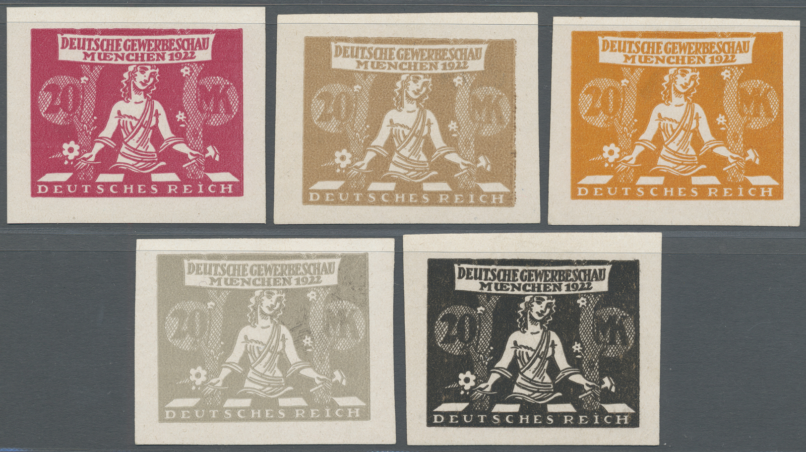 (*) Deutsches Reich - Inflation: 1922, "Deutsche Gewerbeschau München" 5 ESSAYS Zu 20 Mark Im Querformat - Lettres & Documents