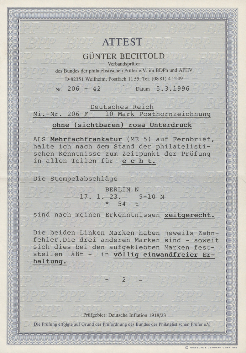 Br Deutsches Reich - Inflation: 1922, 10 M. Posthorn Ohne Sichtbaren Unterdruck Im Senkrechten 5er-Stre - Lettres & Documents