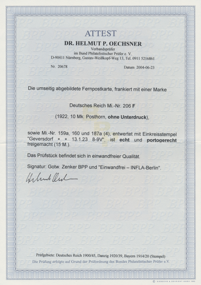 GA Deutsches Reich - Inflation: 1922: 10 Mark Lebhaftlilarot, Abart &bdquo;OHNE UNTERDRUCK&rdquo;, Mit Zusatzfranka - Lettres & Documents