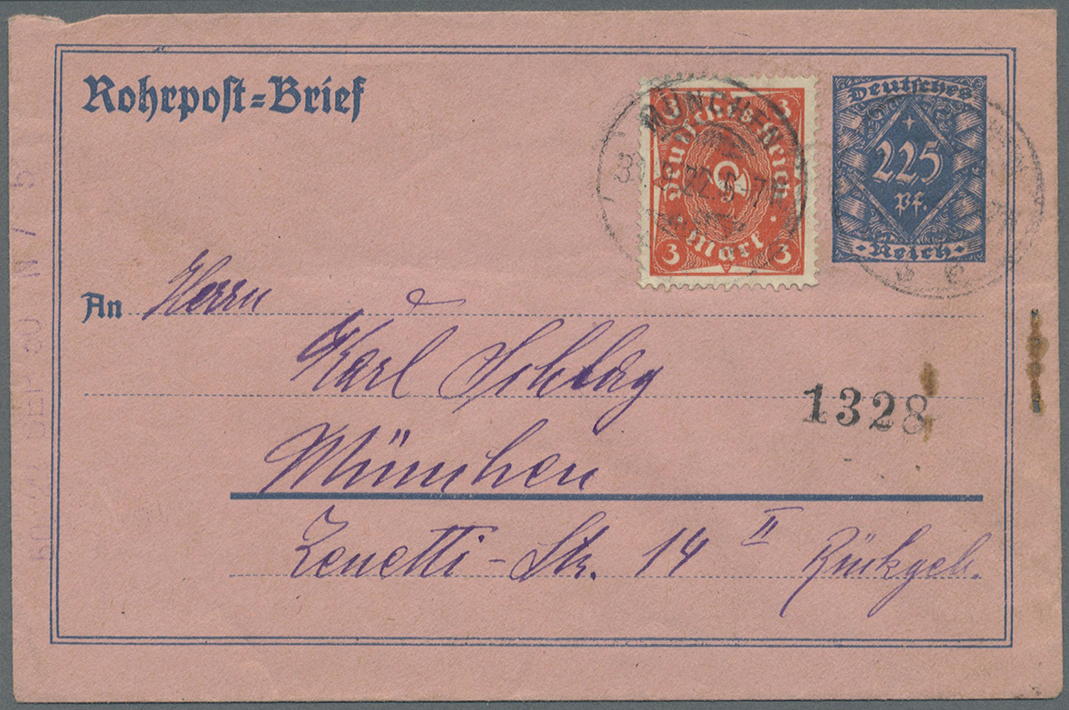 GA Deutsches Reich - Inflation: 1922, 3 M. Posthorn Als Zufrankatur Auf Rohrpost-Ganzsachenumschlag 2,2 - Lettres & Documents