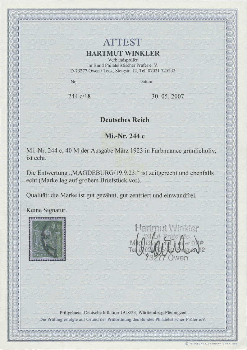 O Deutsches Reich - Inflation: 1923, 40 M. Schnitter Grünlicholiv, Gestempeltes Prachtstück Dieser Seh - Lettres & Documents