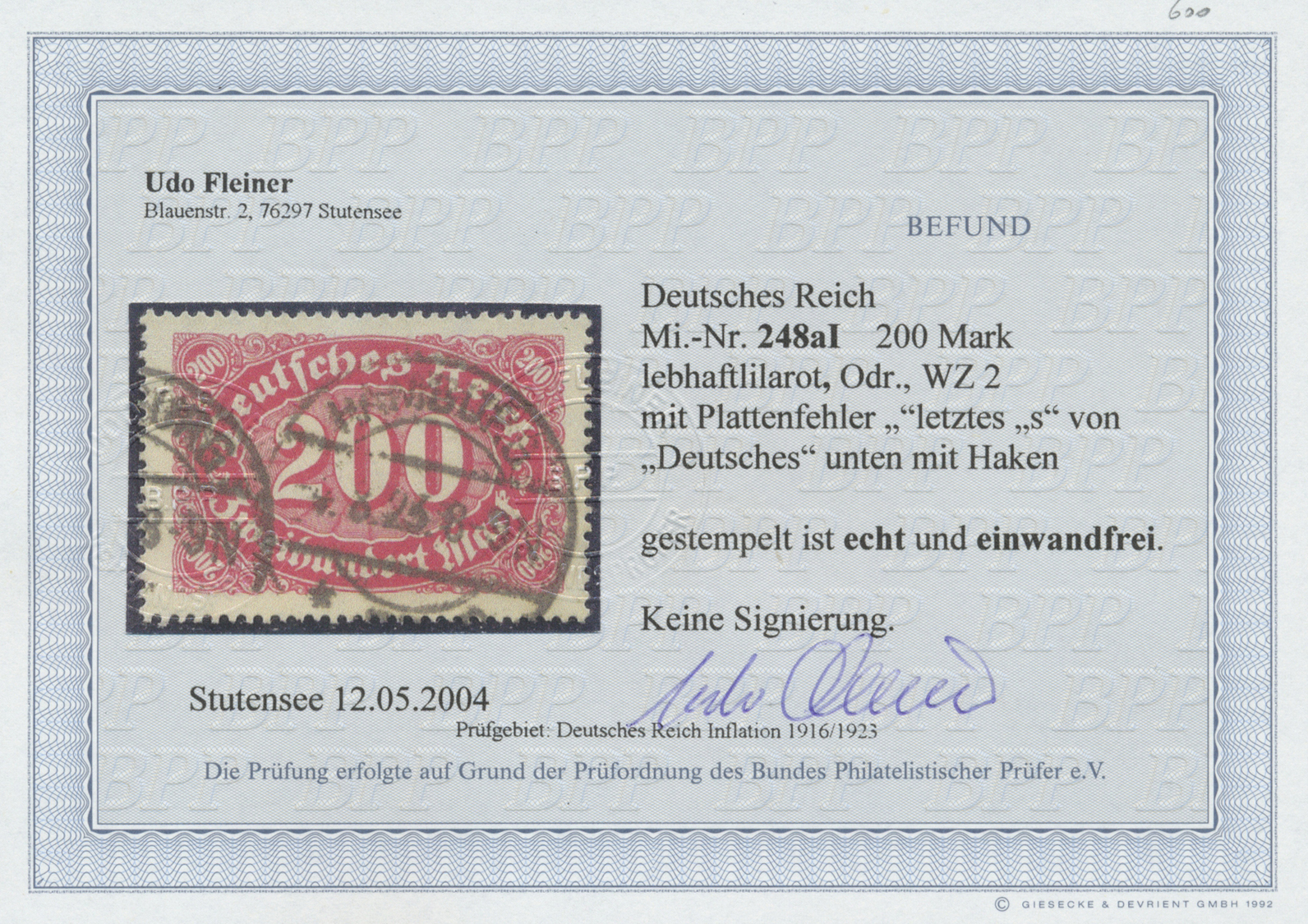 O Deutsches Reich - Inflation: 1923, 200 M. Queroffset II In Karminrot Mit Plattenfehler "letztes ´s´ - Brieven En Documenten