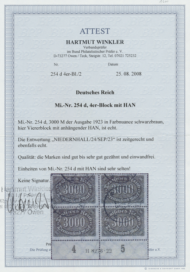 O Deutsches Reich - Inflation: 1923, 3000 Mk Schwarzbraun, Gestempelter Viererblock Mit Vollständiger - Brieven En Documenten