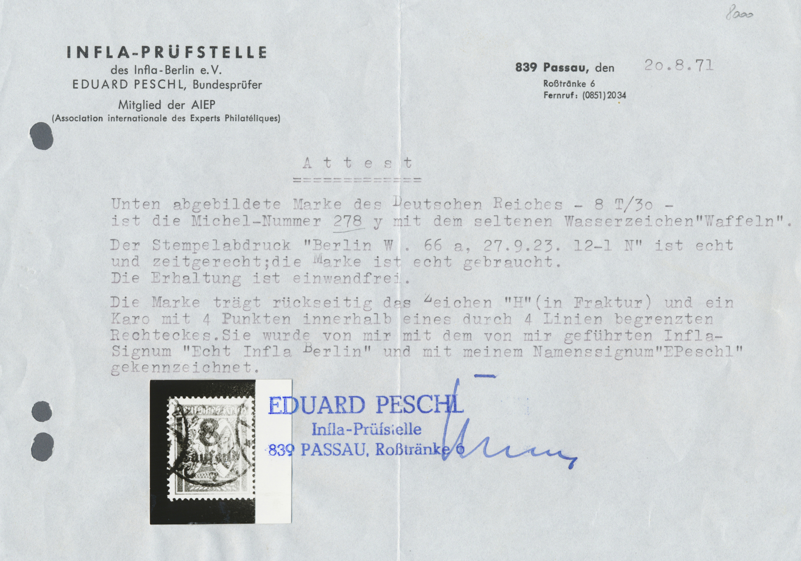 O Deutsches Reich - Inflation: 1923, Freimarke: Ziffer Im Rechteck 8 Tsd Auf 30 Pf Dunkelopalgrün Mit - Brieven En Documenten