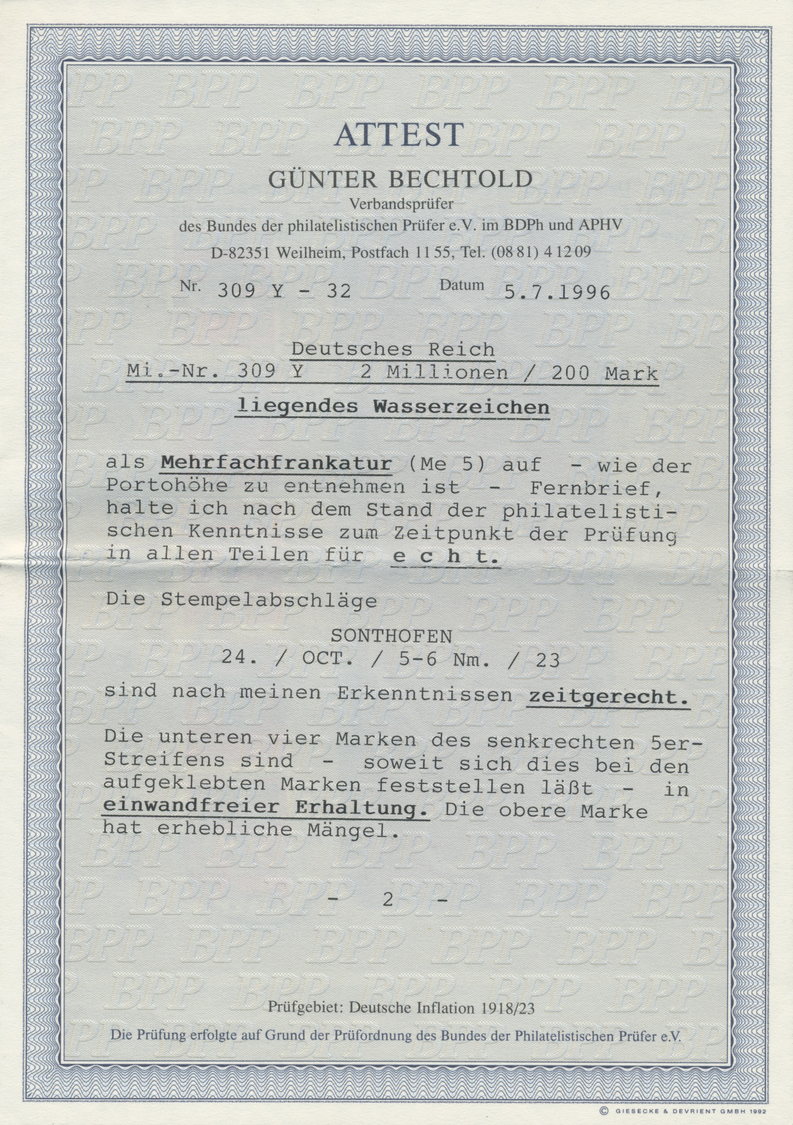 Br Deutsches Reich - Inflation: 1923, 2 Mio. Auf 200 M. Gezähnt Mit Liegendem Wasserzeichen Im Senkrech - Brieven En Documenten