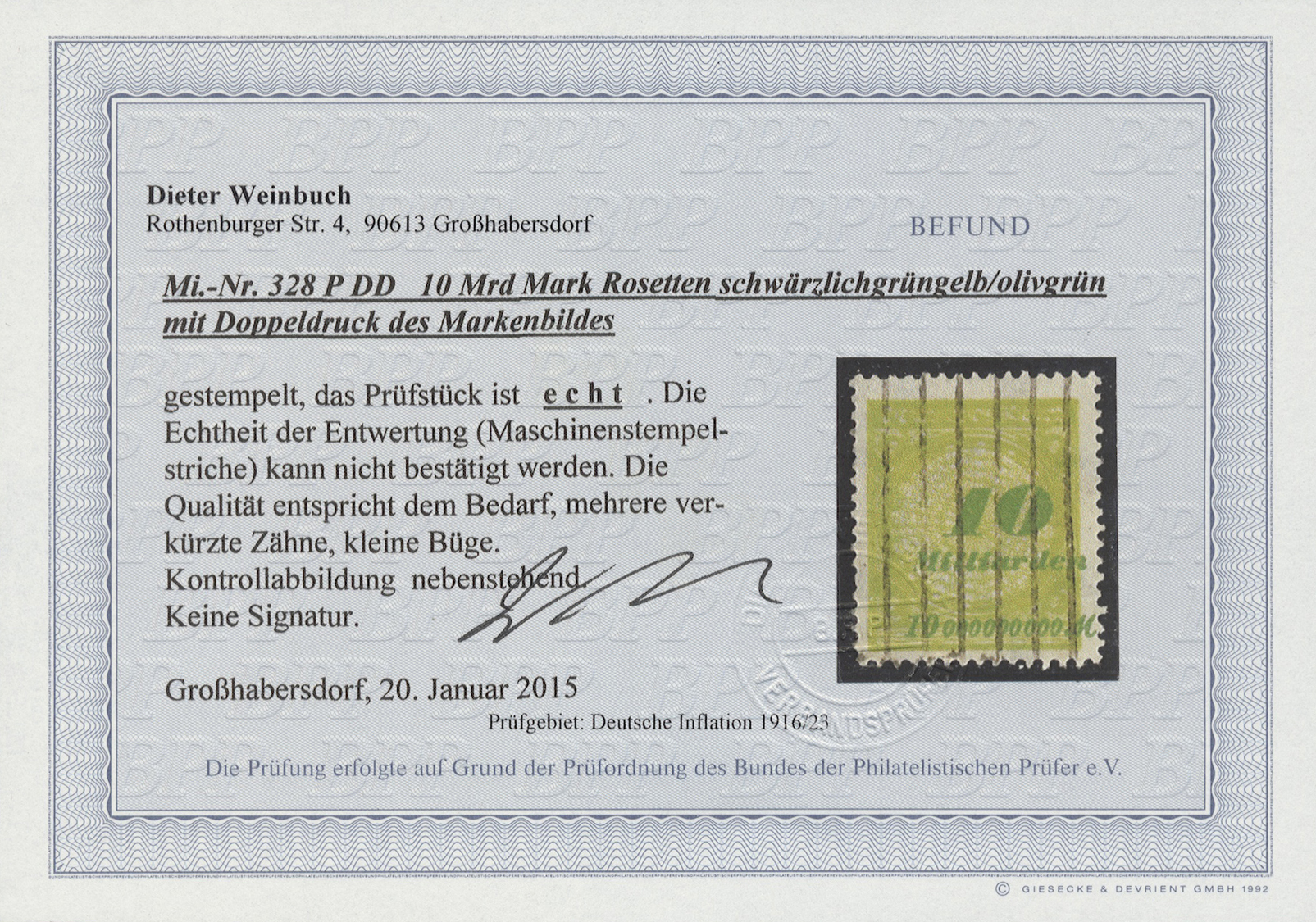 O Deutsches Reich - Inflation: 1923, 10 Mrd. M. Korbdeckel Mit Doppeldruck Des Markenbildes Mit Maschi - Brieven En Documenten