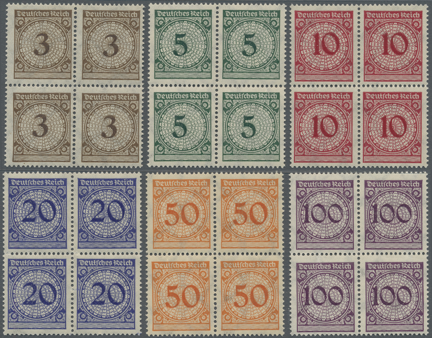 **/ Deutsches Reich - Weimar: 1923, Freimarken Rentenpfennige 3 Pf Bis 100 Pf Im Luxus-Vierblocksatz, Da - Ongebruikt