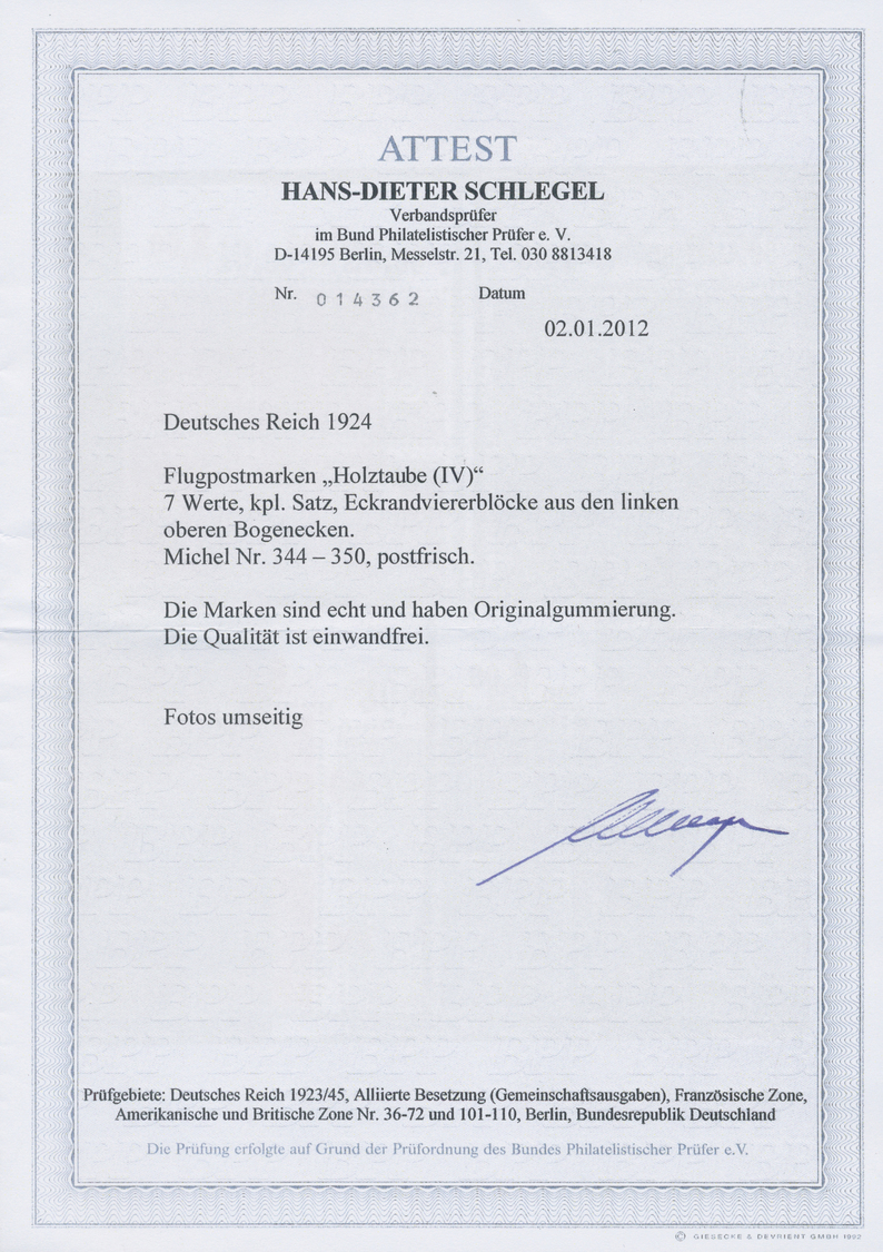 ** Deutsches Reich - Weimar: 1924, Flugpostmarken: Holztaube, Perfekter, Ungefalteter Luxus-Oberrandsat - Neufs