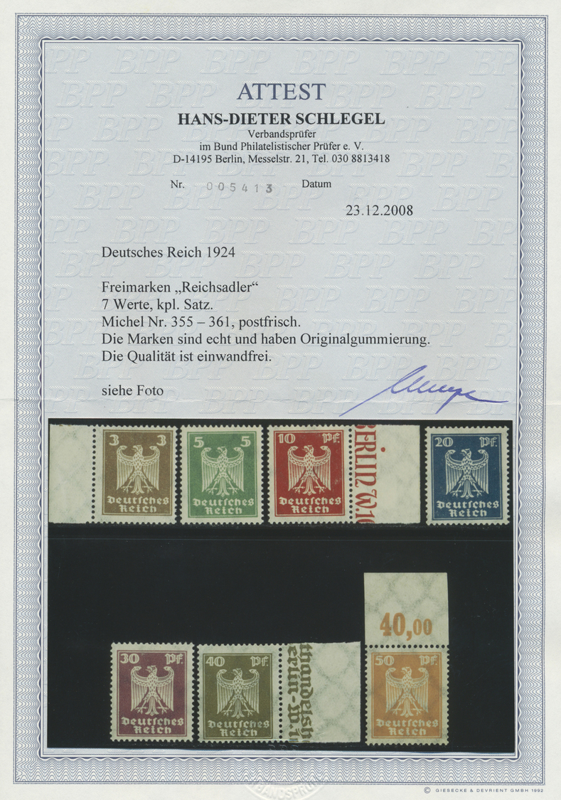 ** Deutsches Reich - Weimar: 1924, Freimarken: Neuer Reichsadler 3 Pf Bis 50 Pf, Postfrischer Luxus-Sat - Ongebruikt
