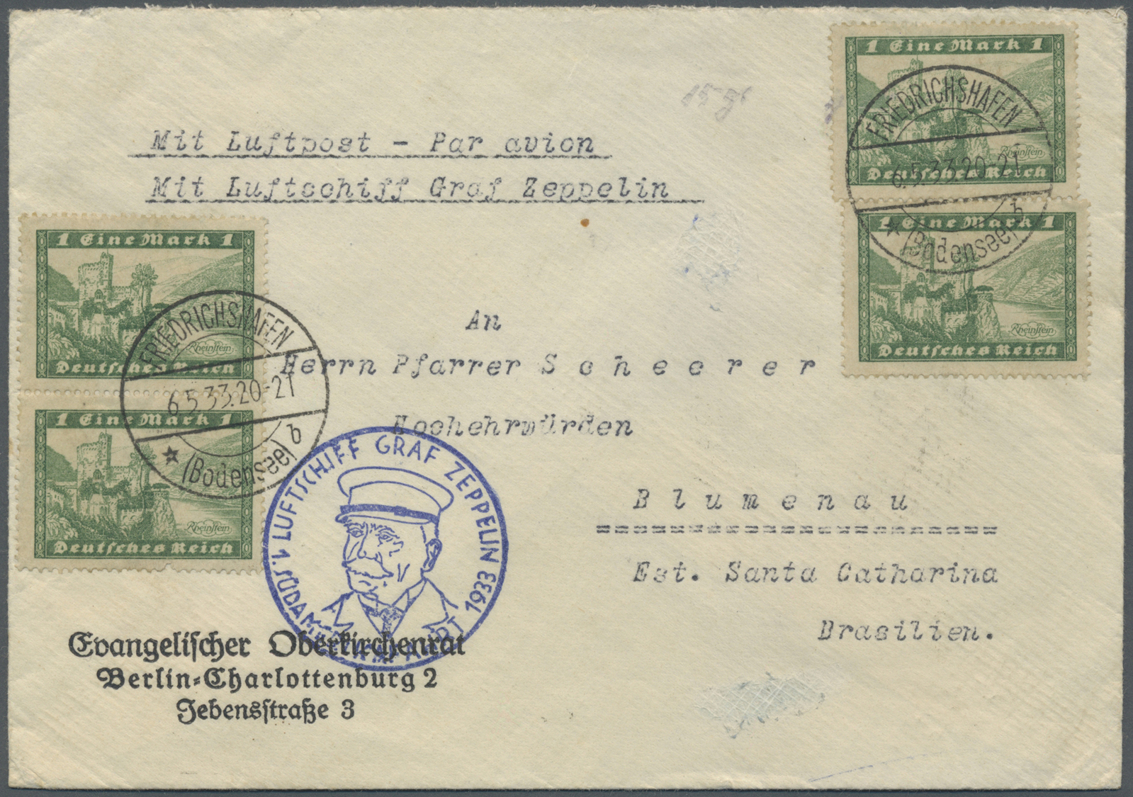 Br Deutsches Reich - Weimar: 1933, Bedarfsbrief, Per Zeppelin Auf Der 1. Südamerikafahrt Befördert. Abs - Ongebruikt