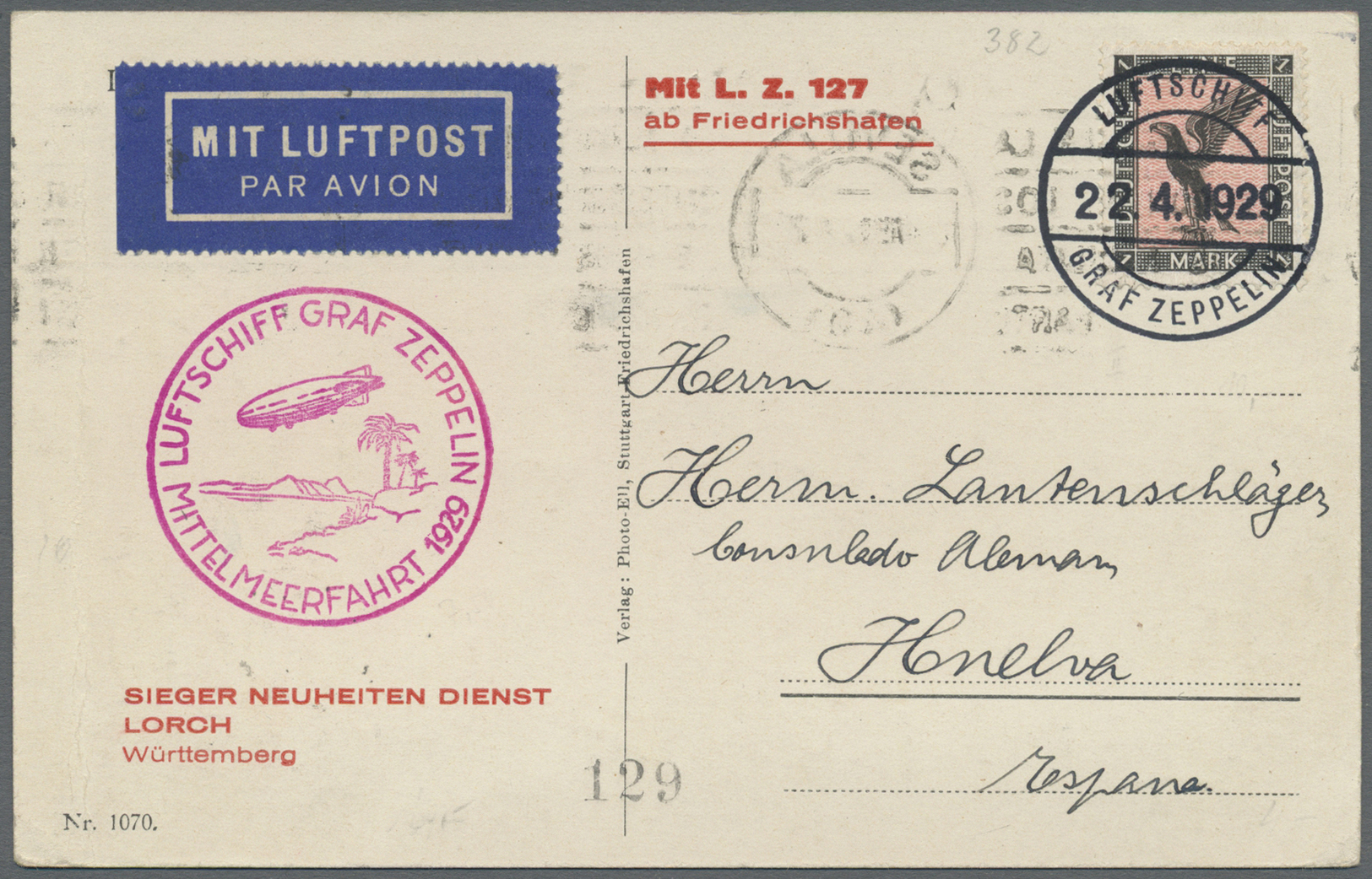 Deutsches Reich - Weimar: 1929 (22.4.), Flugpostmarke Adler 1 M. Einzelfrankatur Auf Zeppelinpostkar - Ongebruikt