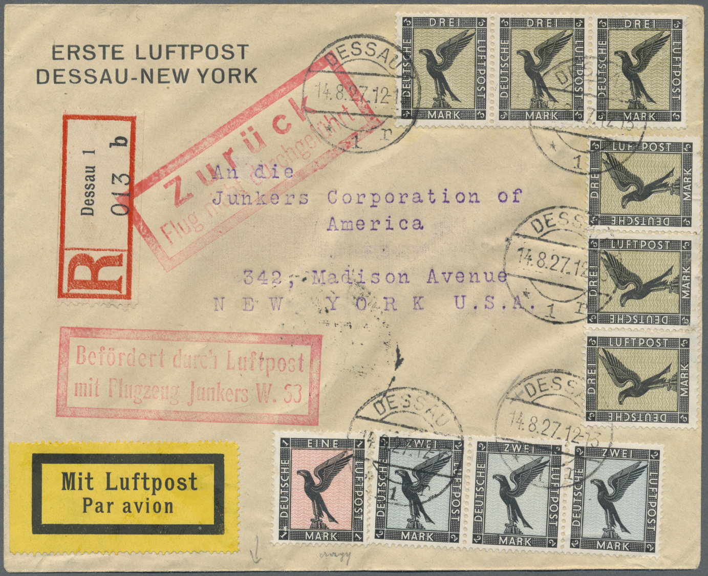 Deutsches Reich - Weimar: 1926, Flugpost-Marken Adler: LuPo-Brief Mit Sechsmal 3 Mark, Dreimal 2 Mar - Neufs