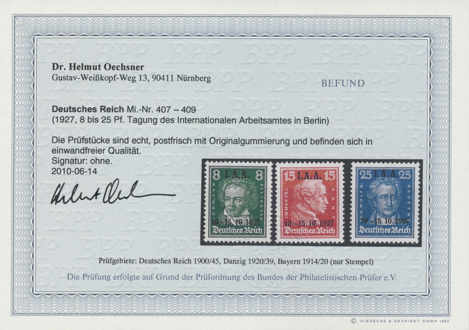 ** Deutsches Reich - Weimar: 1927,  8 Pf. Bis 25 Pf. IAA Als Postfrischer Satz Mit Befund Dr. Oechsner - Neufs