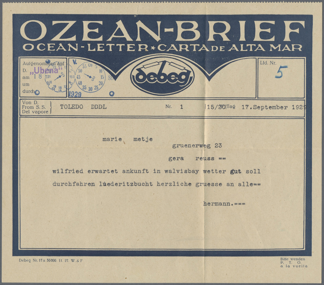 Br Deutsches Reich - Weimar: 1929, OZEAN-BRIEF, Vodruckumschlag Der Debeg Mit 25 Pf. Reichspräsidenten - Ongebruikt