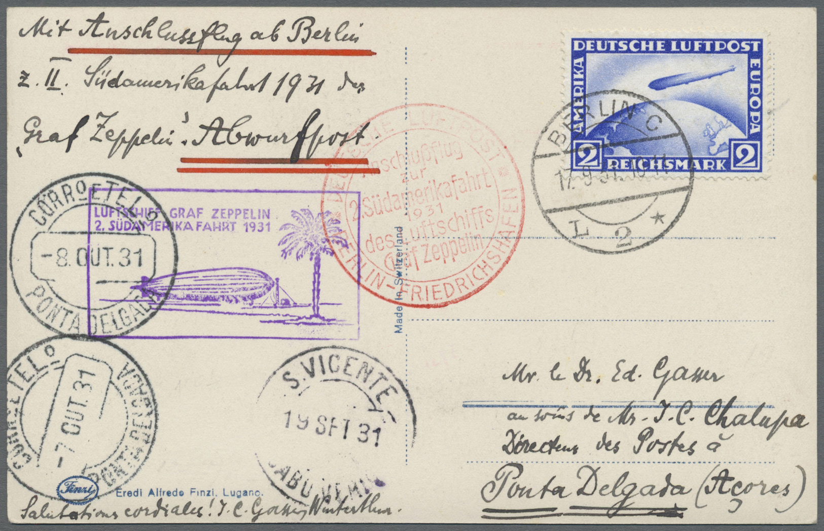 Deutsches Reich - Weimar: 1931 (17.9.), Zeppelin 2 RM. Einzelfrankatur Auf Zeppelinpostkarte Von Ber - Neufs