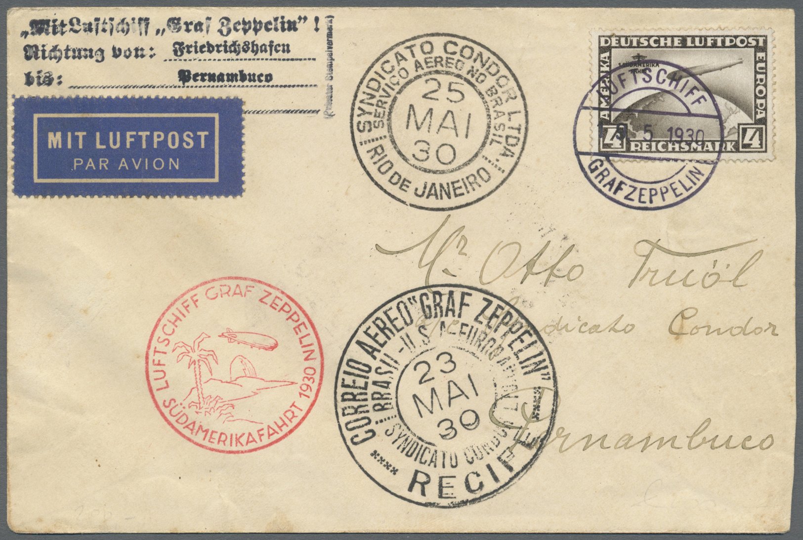 Br Deutsches Reich - Weimar: 1930 (19.5.), Südamerikafahrt 4 RM. Einzelfrankatur Auf Zeppelinbrief Von - Ungebraucht