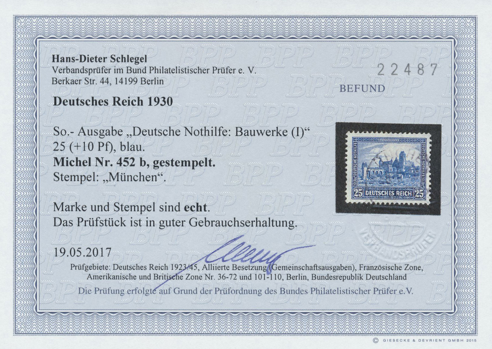 O Deutsches Reich - Weimar: 1930, 25+(10) Pf Blau Bauwerke Gestempelt, Fotokurzbefund BPP, Mi 400.- - Ongebruikt