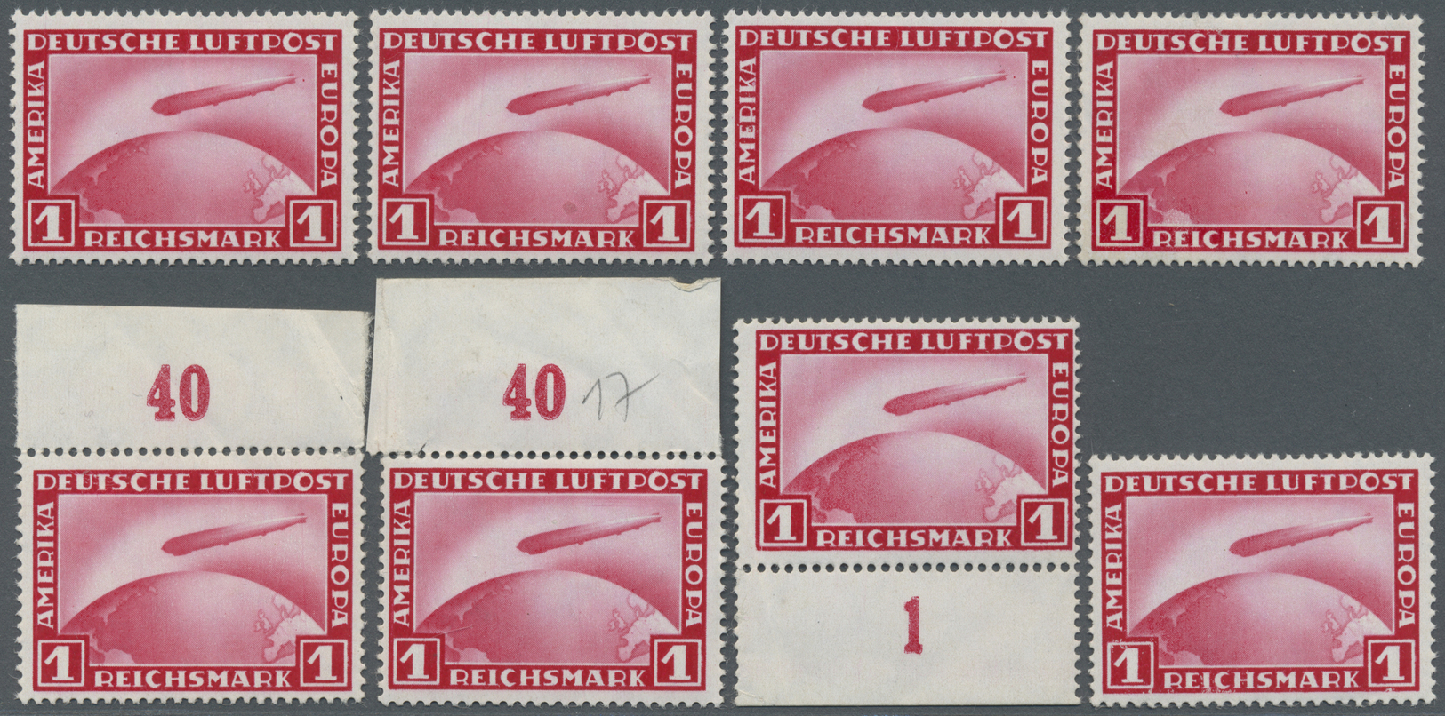 ** Deutsches Reich - Weimar: 1931, Zeppelin 1 M. Lilarot, 8 Stck. (dabei 3 Vom Rand), Einzelne Etwas Bü - Neufs