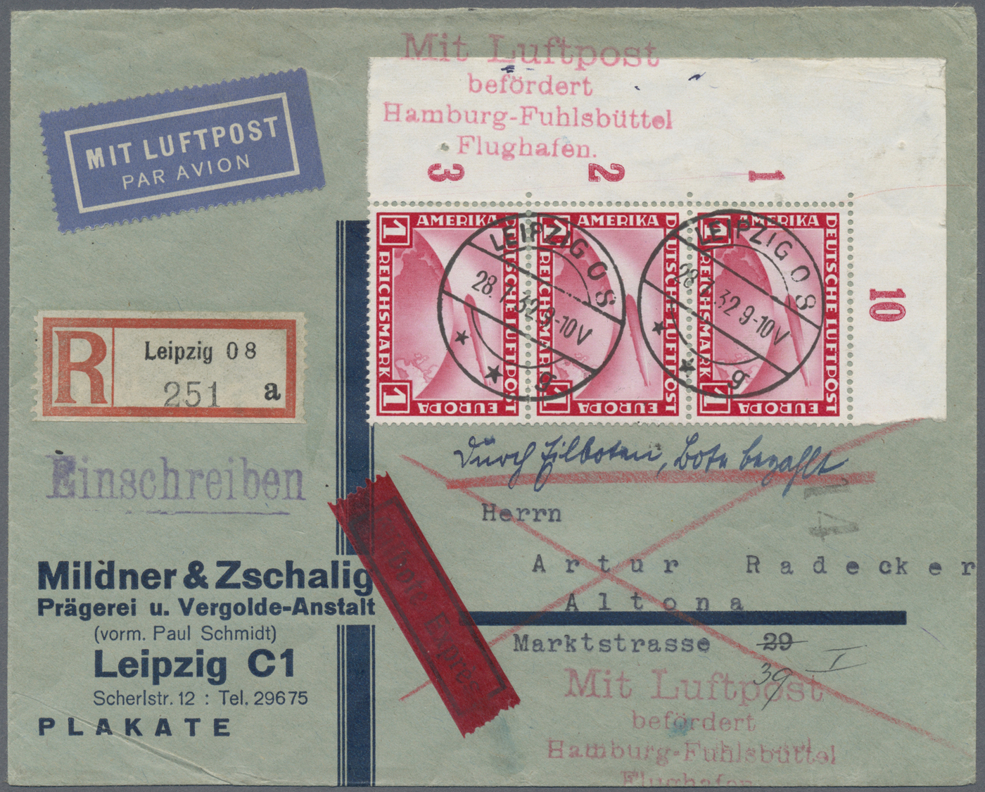 Br Deutsches Reich - Weimar: 1932, 1 M. Zeppelin Als Senkr. Dreierstreifen Aus Der Linken Oberen Bogene - Ongebruikt