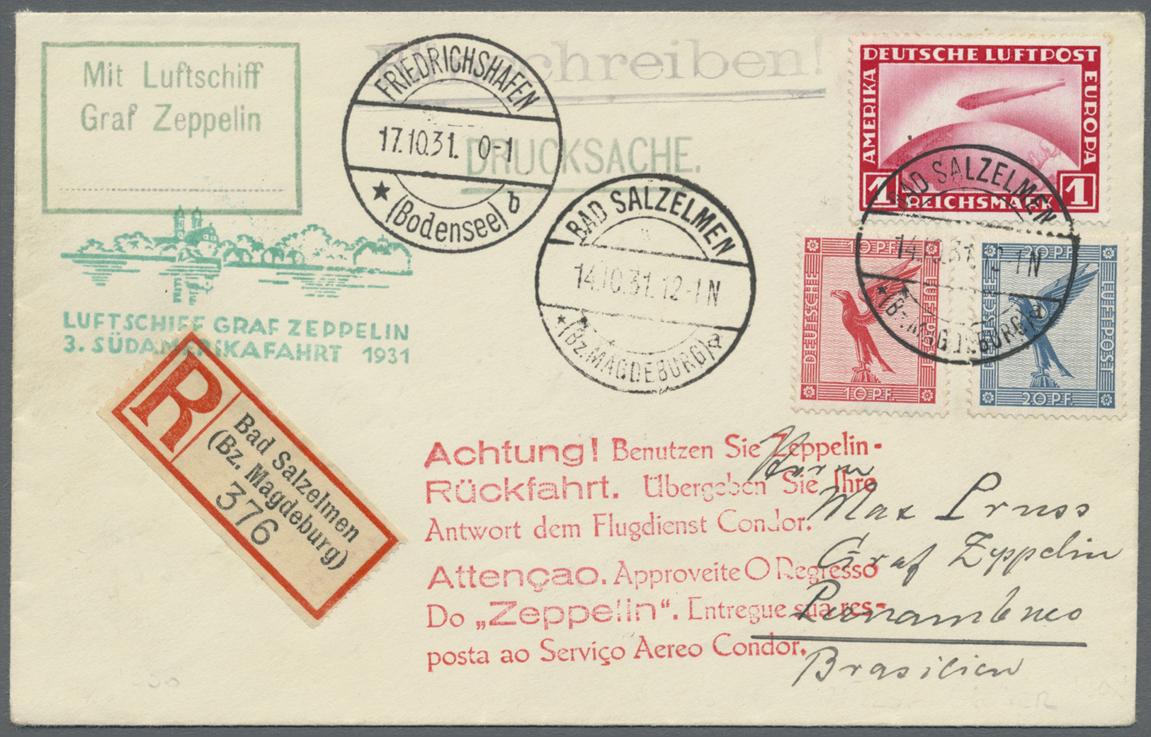 Br Deutsches Reich - Weimar: 1931 (14.10.), Zeppelin 1 RM. Sowie Flugpostmarken 10 Pf. + 20 Pf. Zusamme - Ongebruikt