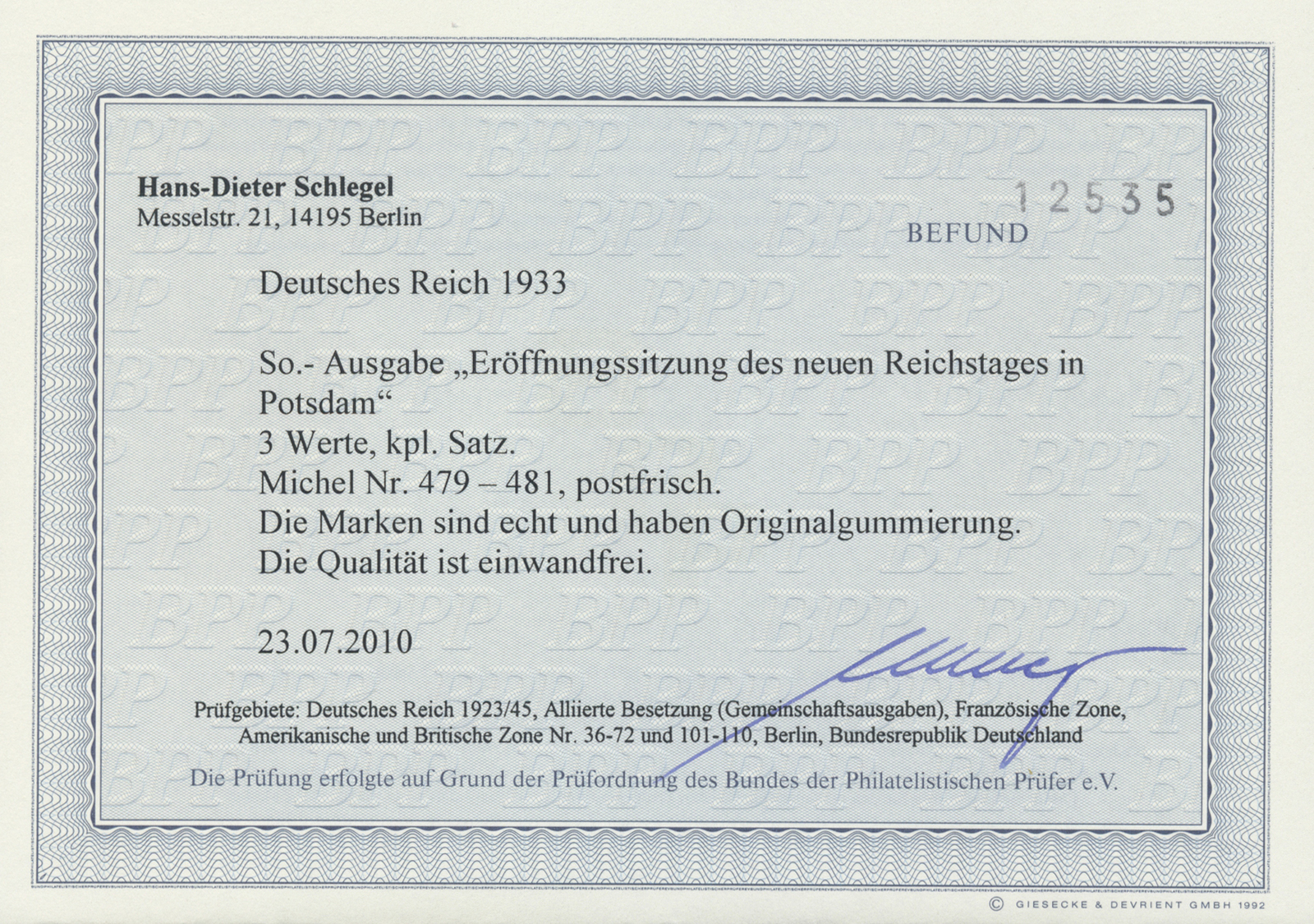 ** Deutsches Reich - 3. Reich: 1933, Friedrich Der Große Als Postfrischer Satz, Befund Schlegel BPP "ec - Neufs