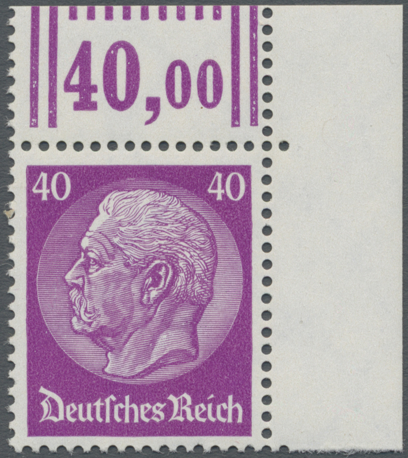 ** Deutsches Reich - 3. Reich: 1933, 40 Pf Hindenburg Waffeln, Ungefaltetes Eckrandstück Rechts Oben, P - Neufs