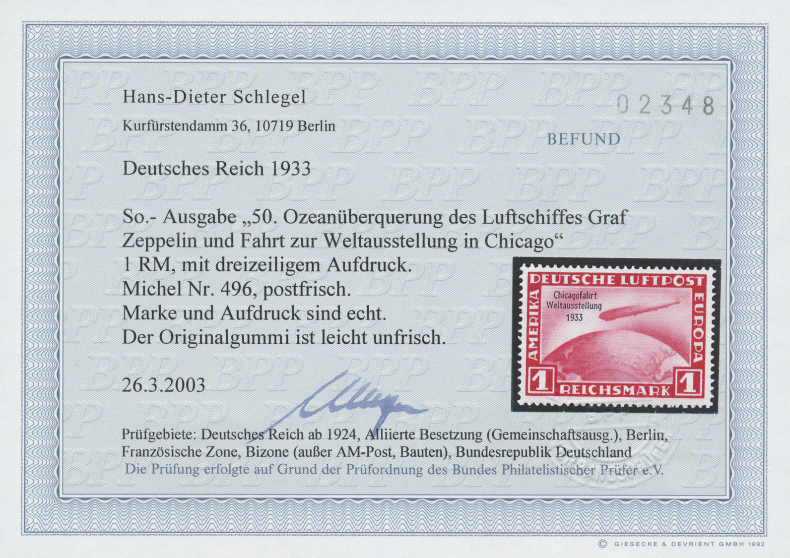 ** Deutsches Reich - 3. Reich: 1933. Chicagofahrt 1 M, Postfrisch (Gummi Leicht Unfrisch). FB Schlegel - Ongebruikt