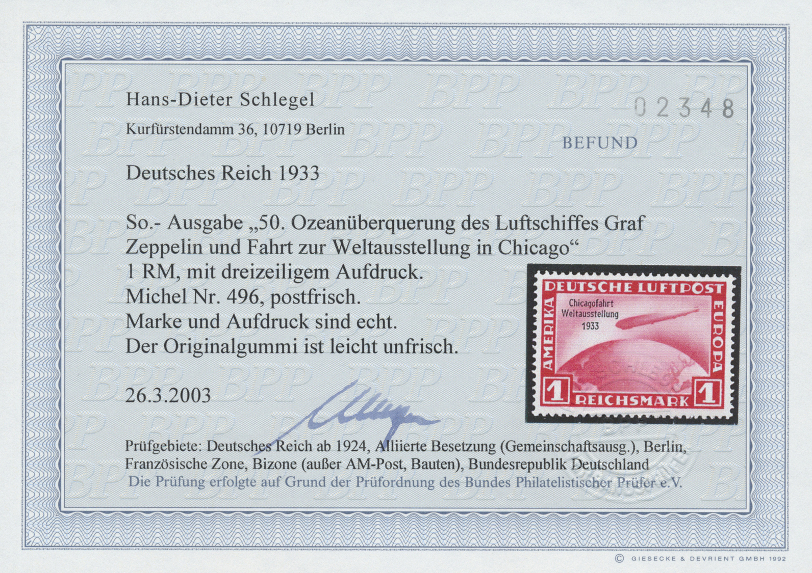 ** Deutsches Reich - 3. Reich: 1933. Chicagofahrt 1 M, Postfrisch (Gummi Leicht Unfrisch). FB Schlegel - Neufs