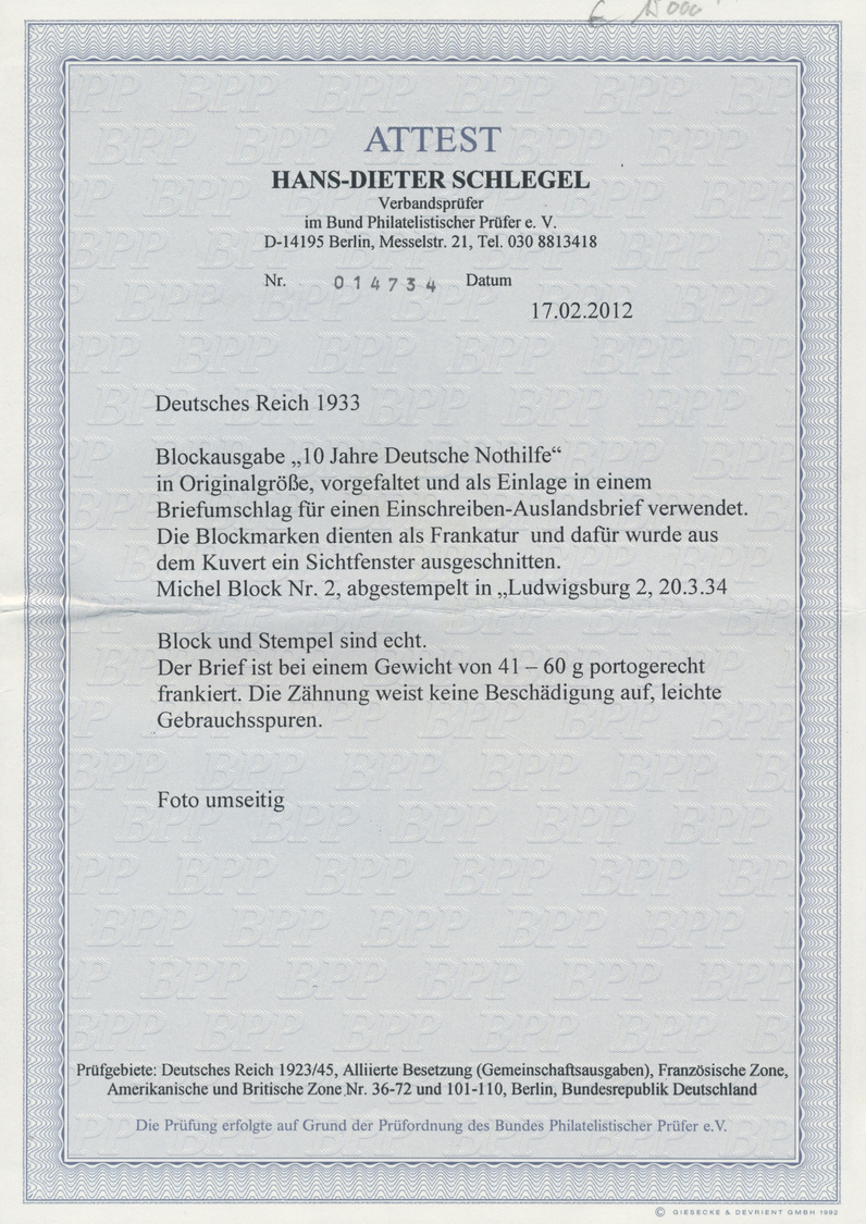 Br Deutsches Reich - 3. Reich: 1933, Blockausgabe &bdquo;10 Jahre Deutsche Nothilfe&ldquo; Als Portogerechte Franka - Neufs