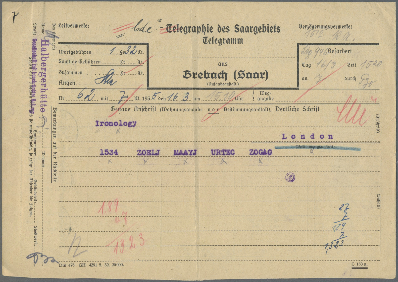 Br Deutsches Reich - 3. Reich: 1935, 1.32 RM-Frankatur Rs. Auf Telegrammformular "Telegramm Des Saargeb - Ongebruikt