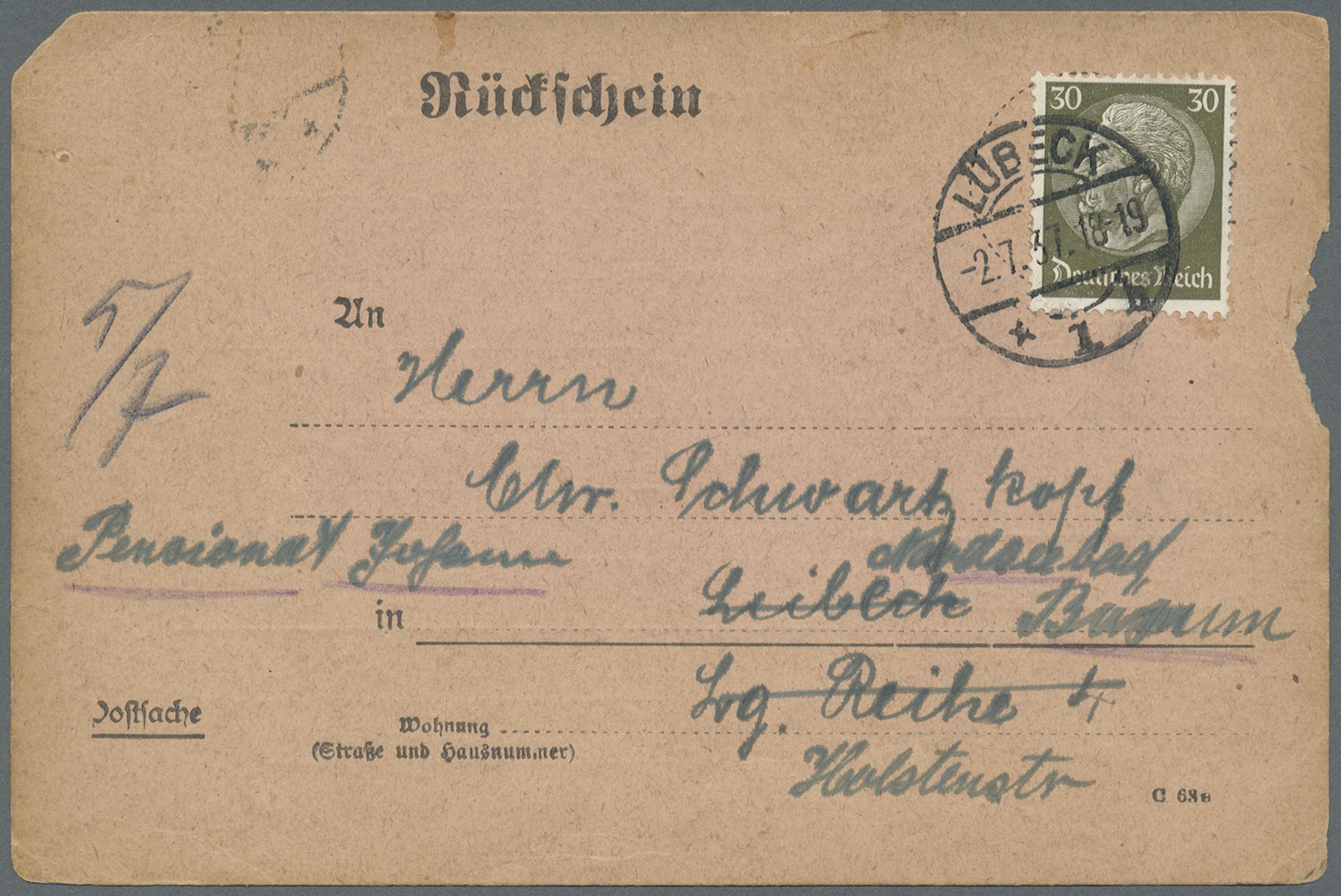 Br Deutsches Reich - 3. Reich: 1933, 30 Pfg. Hindenburg Auf Nachgesandter Rückscheinkarte Aus "LÜBECK 2 - Ongebruikt