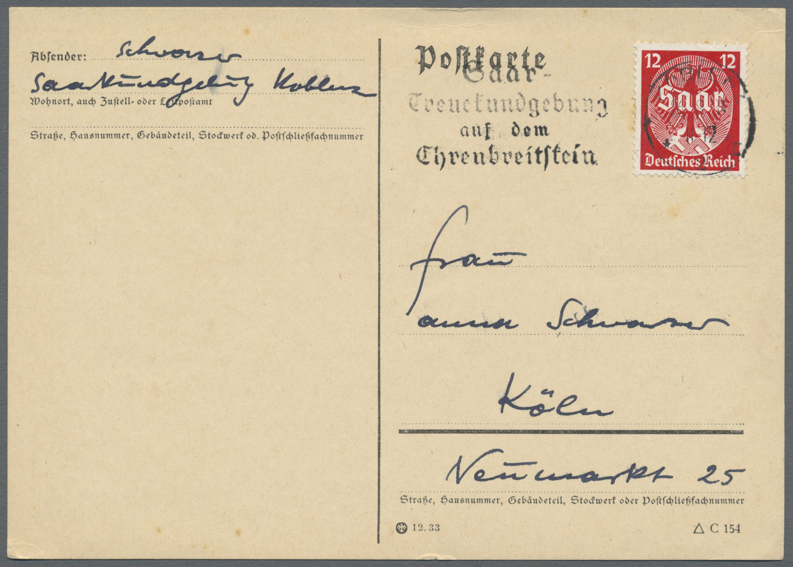 Br Deutsches Reich - 3. Reich: 1934. Saarabstimmung 12 Pf Auf Postkarte Mit Ersttagsstpl. "Koblenz 26.8 - Ongebruikt