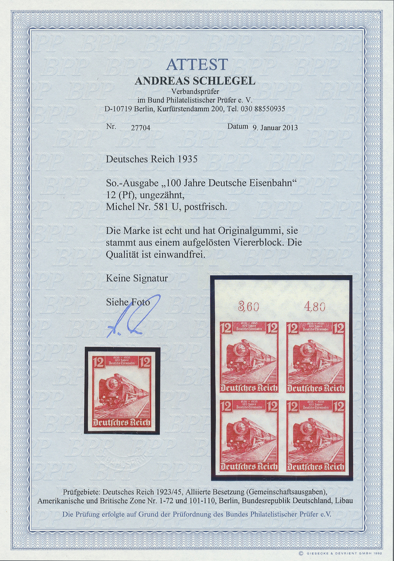 ** Deutsches Reich - 3. Reich: 1935, 100 Jahre Deutsche Eisenbahn, Postfrische 12 Pfennig Braunrot UNGE - Ongebruikt
