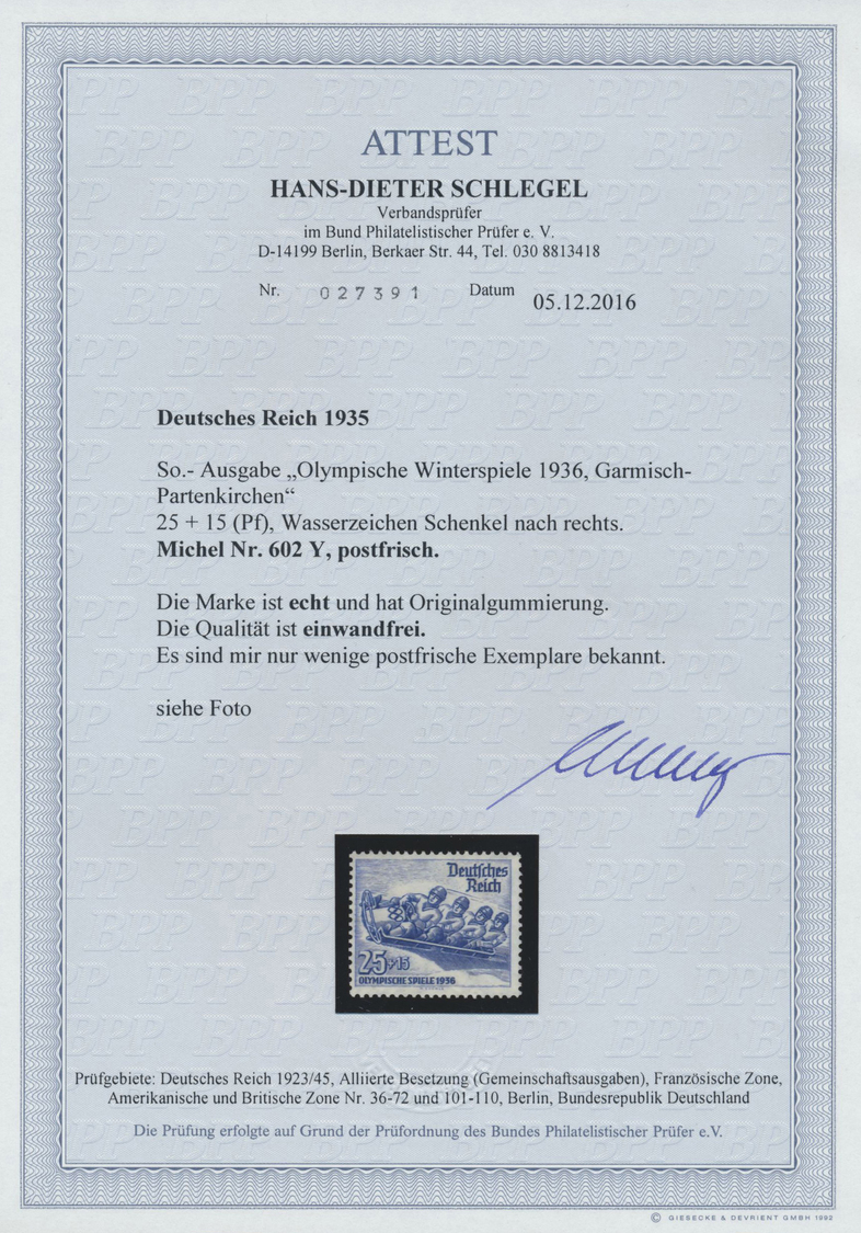 ** Deutsches Reich - 3. Reich: 1935, 25+15 Pf Winterolympiade Mit Wz. "Schenkel Nach Rechts", Postfrisc - Ongebruikt
