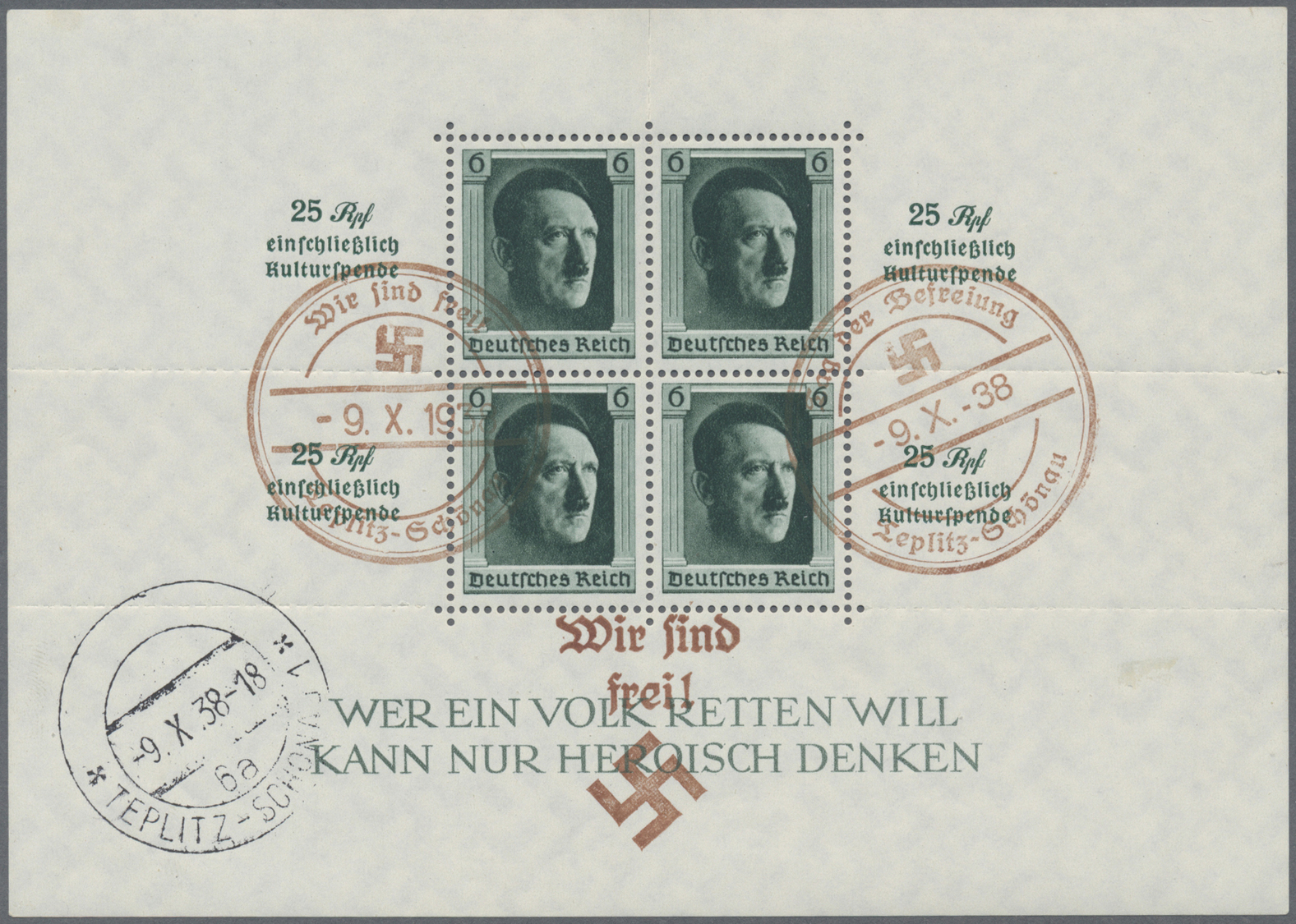 O Deutsches Reich - 3. Reich: 1937, Kulturspende-Block Mit Ungewöhnlicher Sudetenland-Entwertung! Rück - Ongebruikt