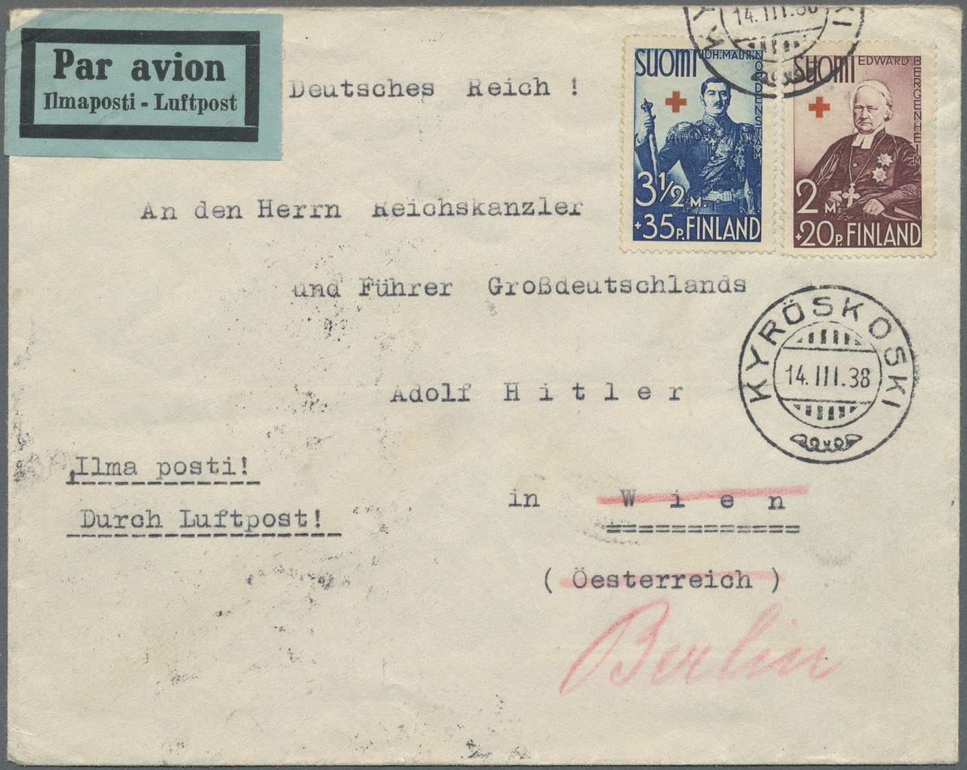 Br Deutsches Reich - 3. Reich: 1938, Brief Aus Finnland An ADOLF HITLER Nach Wien Mit Ankunftsstempel U - Ongebruikt