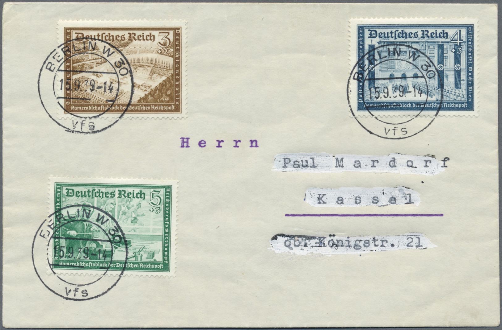 Br Deutsches Reich - 3. Reich: 1939. Reichspost Kameradschaftsblock (I) kpl. auf 4 FDC, einheitlich ges