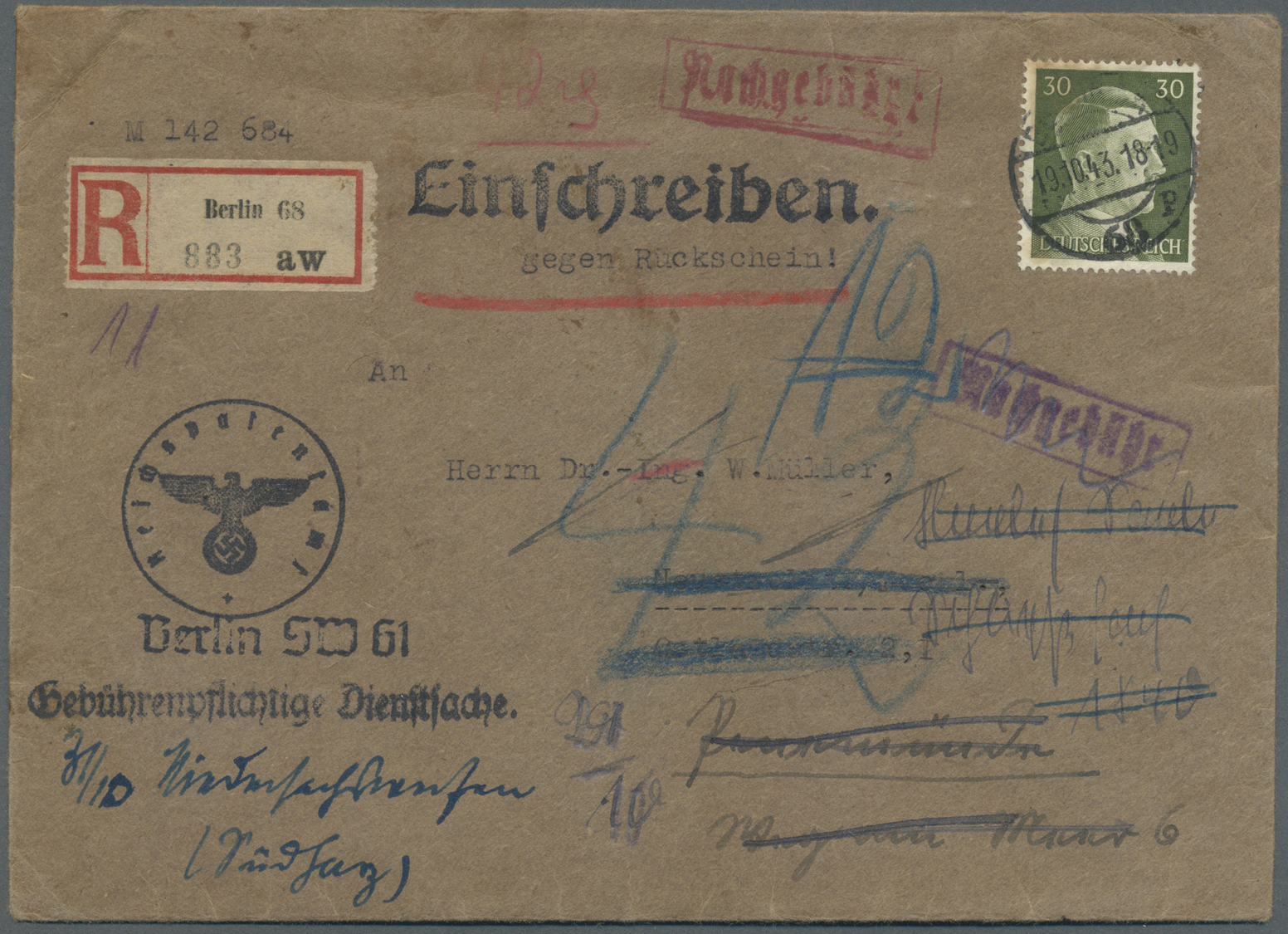 Br Deutsches Reich - 3. Reich: 1941, 30 Pfg. Hitler Mit Stempel "BERLIN 19.19.43" Für Die Rückschein-Ge - Ongebruikt