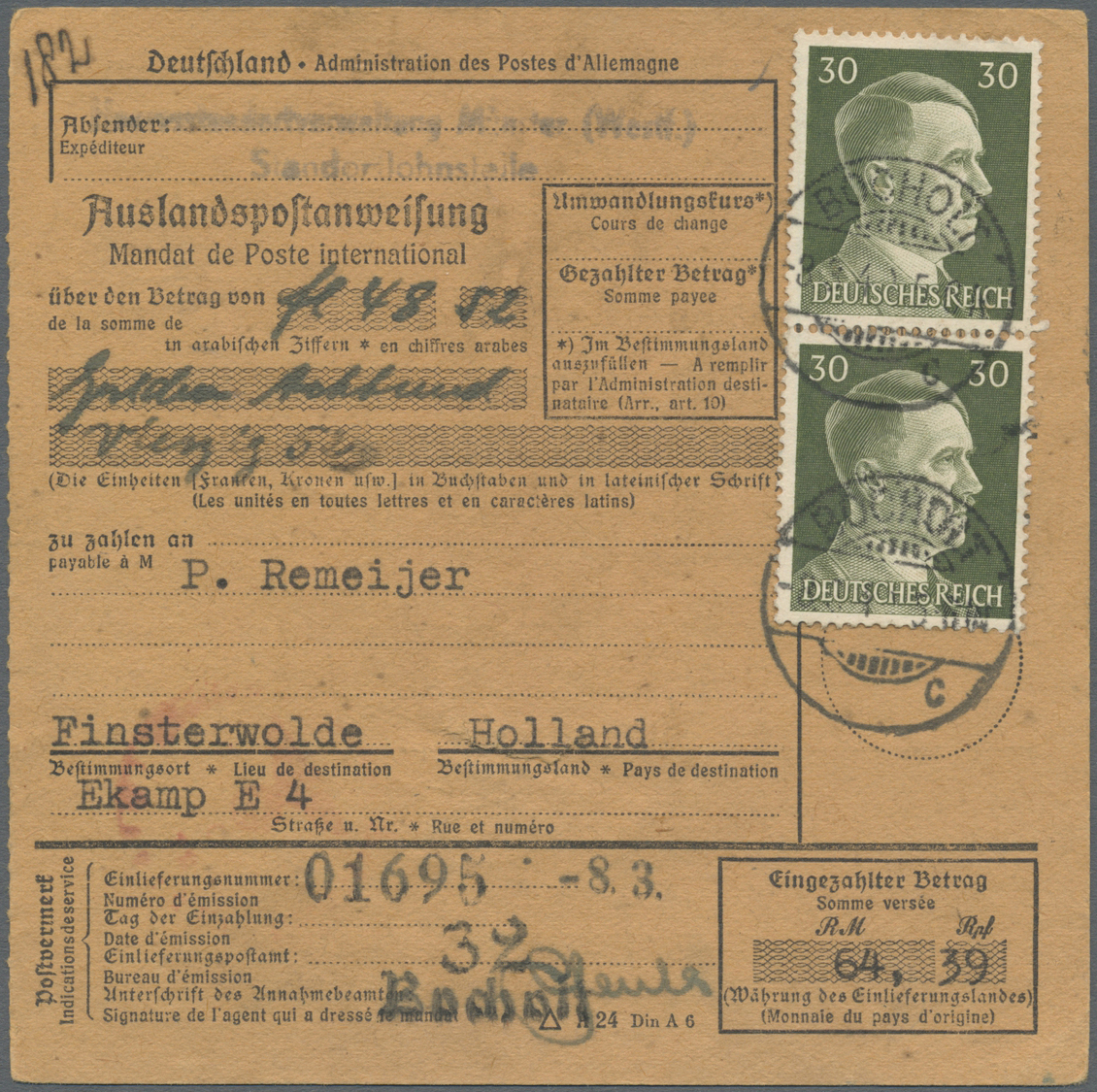 Br Deutsches Reich - 3. Reich: 1941, 30 Pfg. Hitler, Senkr. Paar Auf Auslandspostanweisung Aus Bocholt, - Ongebruikt