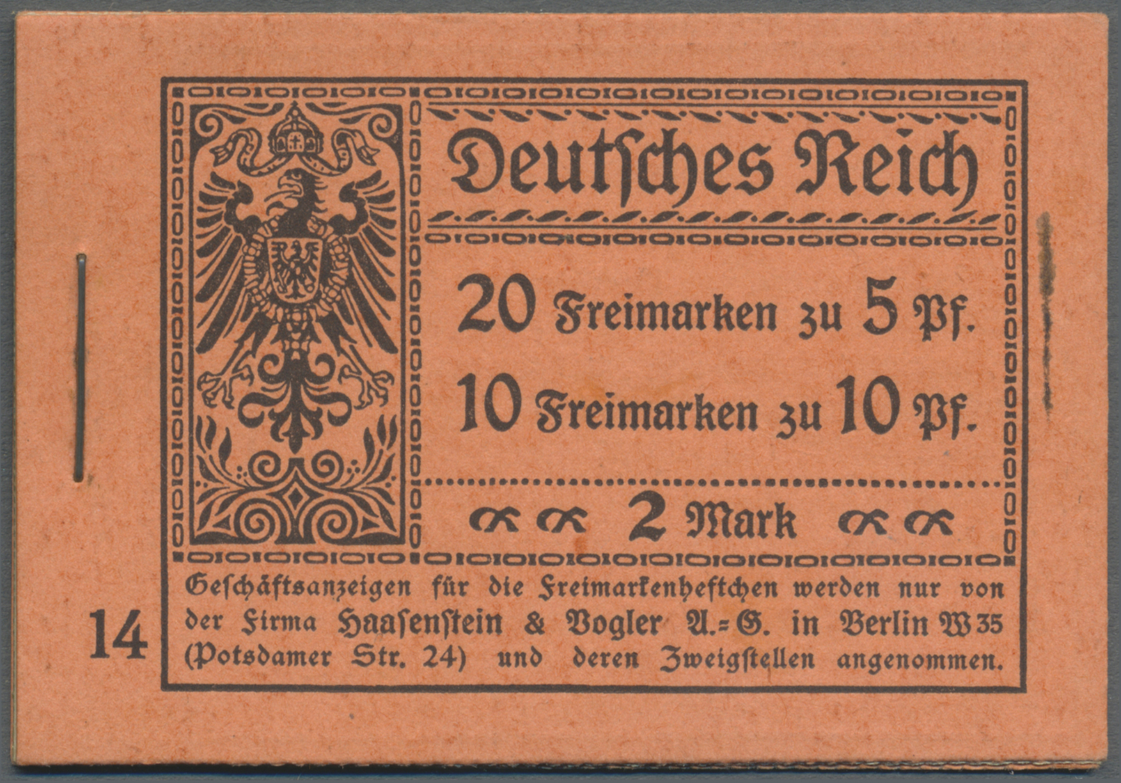 ** Deutsches Reich - Markenheftchen: 1914. Germania 2 Mark, ONr.14, Nur 1 H.-Blatt 9 I Dgz (postfrisch) - Carnets