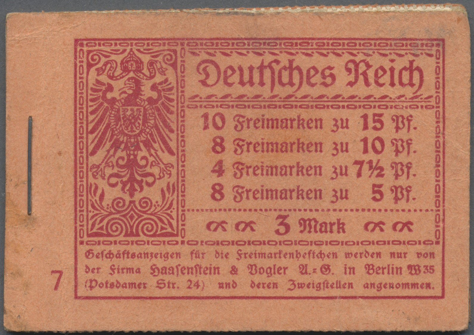 O Deutsches Reich - Markenheftchen: 1918-1919, Germania 3 M Heftchen Mit Ordnungszahl 7 Gestempelt "So - Carnets