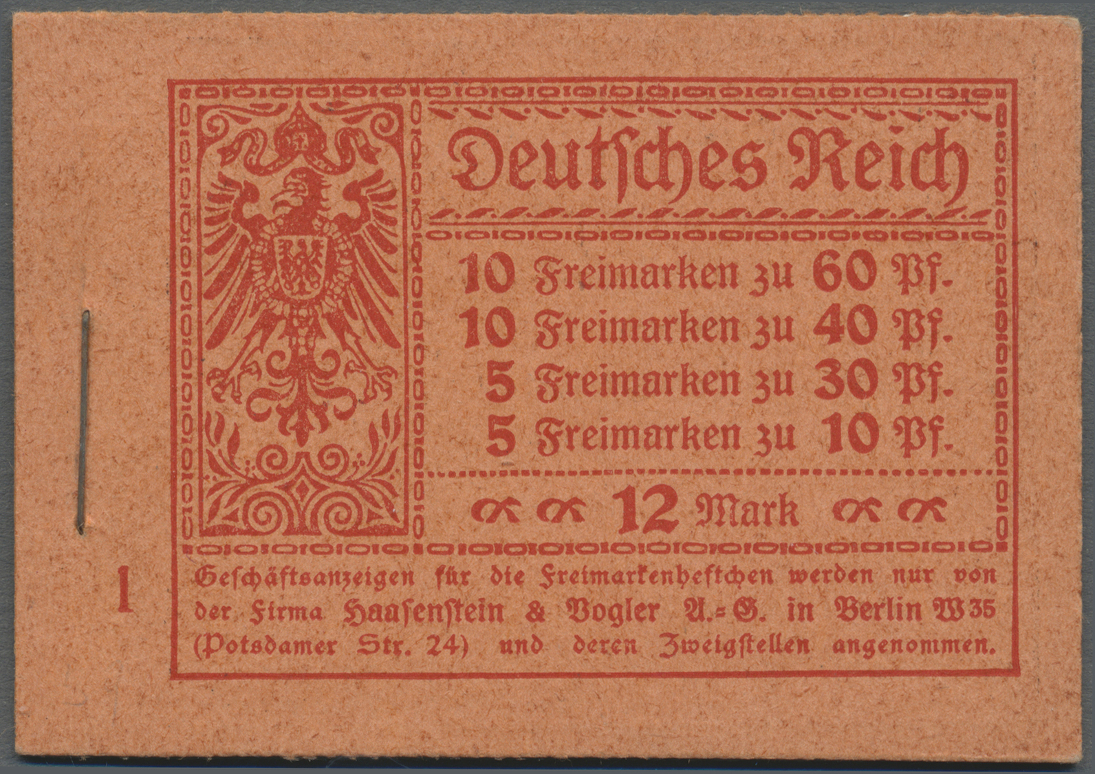 ** Deutsches Reich - Markenheftchen: 1921, 12 M. Germania-Heftchen Mit ONr. 1, Heftchen-Rand Dgz., Post - Postzegelboekjes