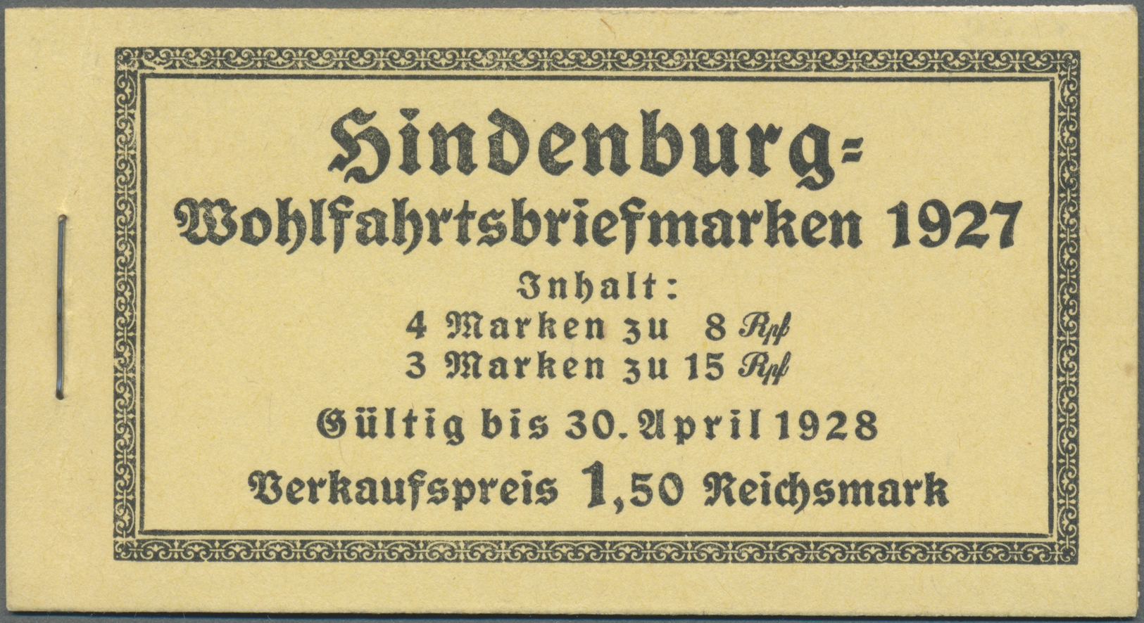 * Deutsches Reich - Markenheftchen: 1927, 1,50 M. Hindenburgspende-Markenheftchen Mit Dicken Deckelsei - Carnets
