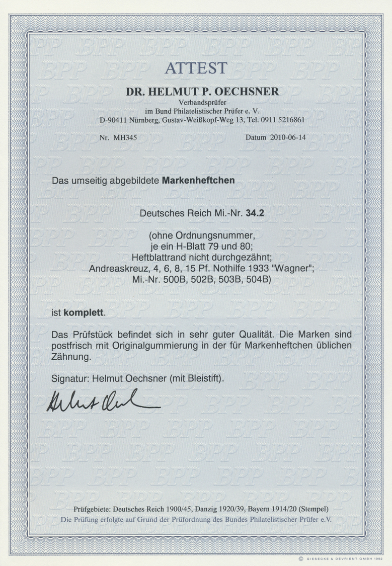 ** Deutsches Reich - Markenheftchen: MH 34.2 Postfrisch, "Wagner 1933", Kpl. Heftchen Ohne Aufschlagebu - Carnets